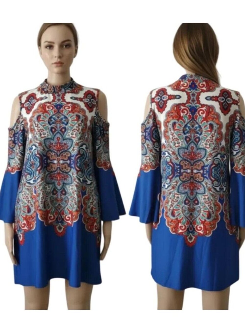 Melissa Paige‎ Women’s Cold Shoulder Bell Sleeves Paisley Paispaloma Dress Large